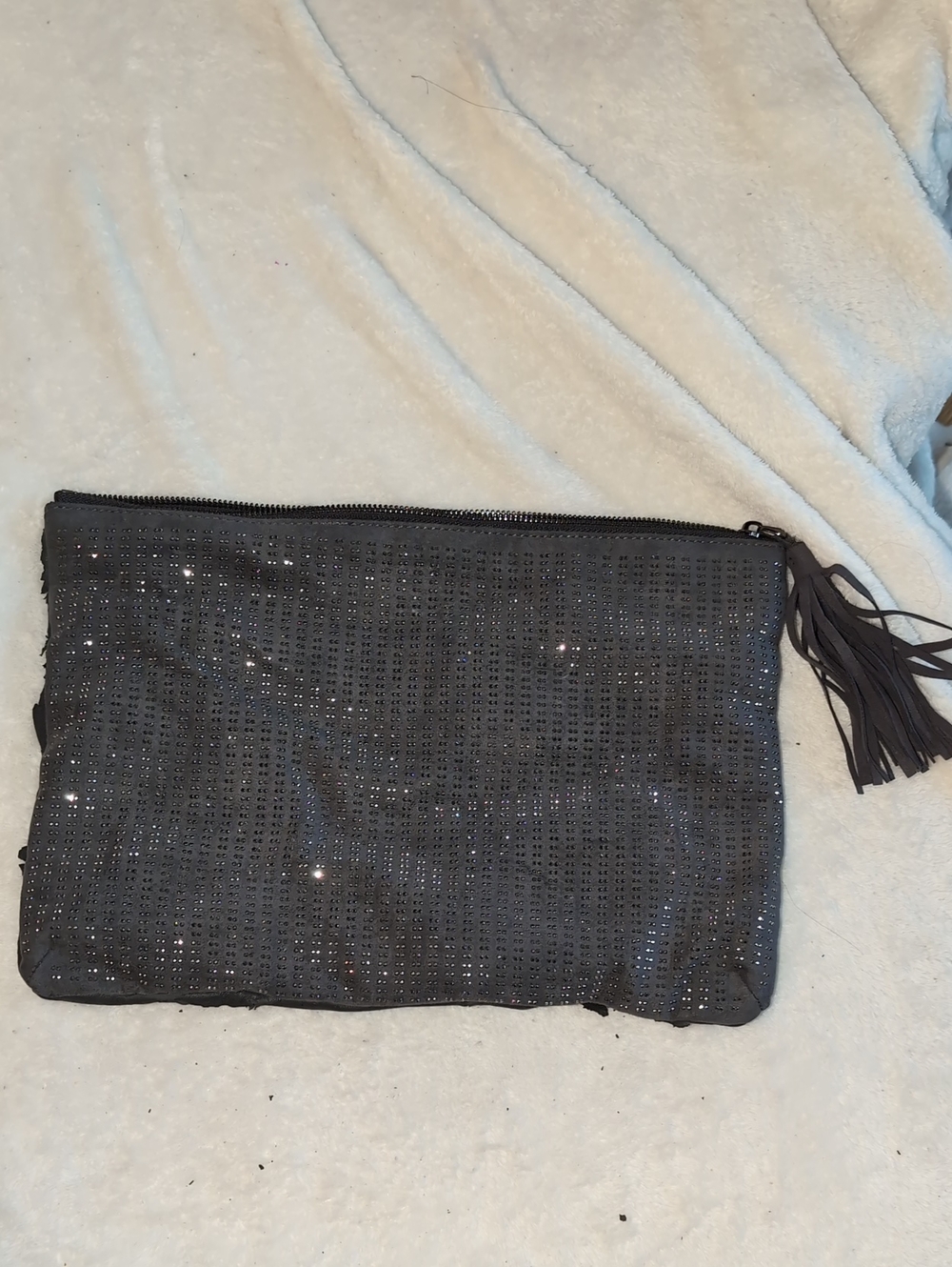 Glitter Suede Black Zip Clutch with Tassel